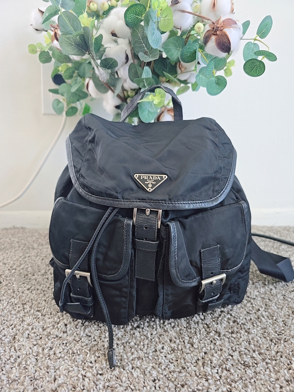 PRADA Black Nylon Backpack with Front Buckle Pockets
